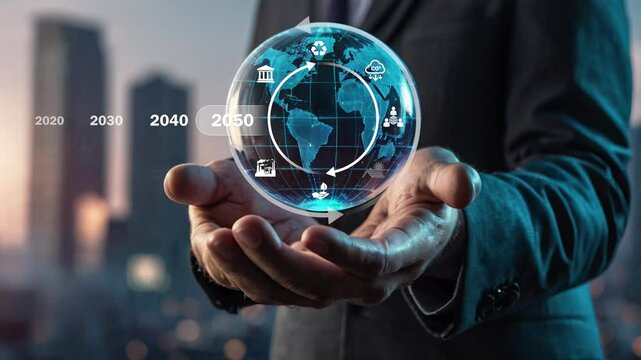 Businessman holding circular economy icon Circular economy concept for future business growth and environmental sustainability and reduce pollution for future business and environmentaL.4K VIDEO