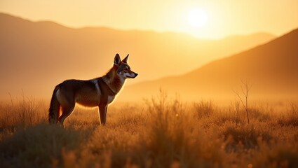 Majestic coyote in sunriselit field with hills and fog
