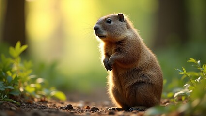 Closeup of a groundhog standing upright in a forest with sunlit leaves