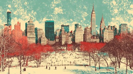 Retro illustration of a central park scene with an aerial skyline view during winter