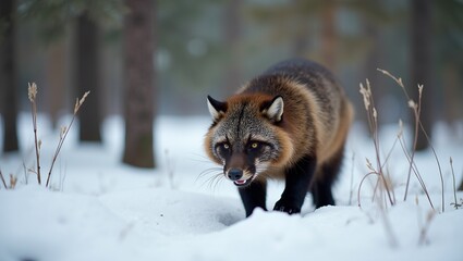 Fototapeta premium Closeup of wolverine in snowy forest sharp claws and dense fur pine tree shadows