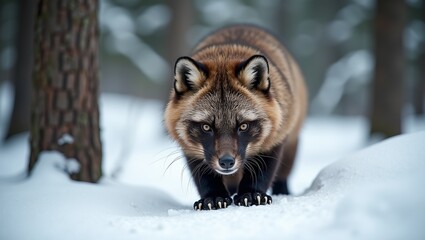 Fototapeta premium Closeup of wolverine in snowy forest sharp claws and dense fur pine tree shadows