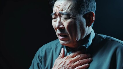 Man in a dark room experiences difficulty breathing while expressing concern about his health conditions