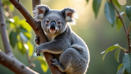 Obraz premium Adorable koala in focus on eucalyptus branch with lush green bokeh