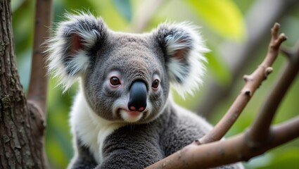 Obraz premium Adorable koala in focus on eucalyptus branch with lush green bokeh