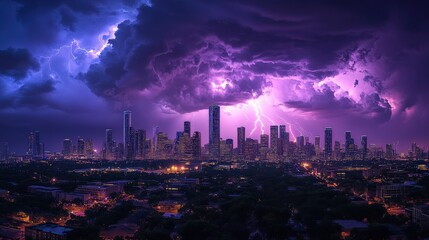 Obraz premium Fierce Lightning Storm Over City with Purple Hue