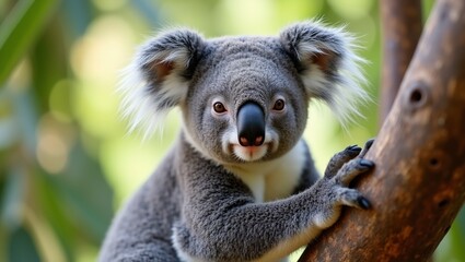 Fototapeta premium Adorable koala in focus on eucalyptus branch with lush green bokeh