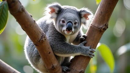 Fototapeta premium Adorable koala in focus on eucalyptus branch with lush green bokeh