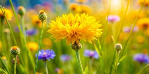 Vibrant yellow petals and delicate, slender stems of a lone cornflower sway gently in a soft, sunny meadow