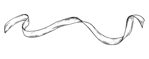 Ribbon, satin, silk, twisted. Line art is a simple hand-drawn illustration in black and white ink. Isolated vector EPS object.