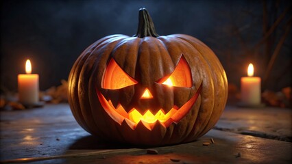 Fototapeta premium Close-Up of a Carved Halloween Jack-o'-Lantern with Intricate Design Perfect for Seasonal Decorations