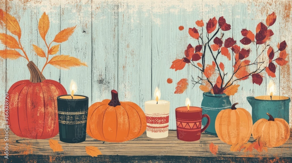 Canvas Prints Cozy Fall Border Illustration with Pumpkins Sweaters Candles and Coffee on Wood Background