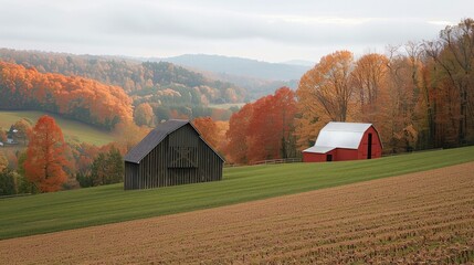 The green hills and colorful trees, with red barns, a beautiful sky, fall colors, a beautiful farmhouse, a beautiful countryside landscape, green grass. Generative AI.