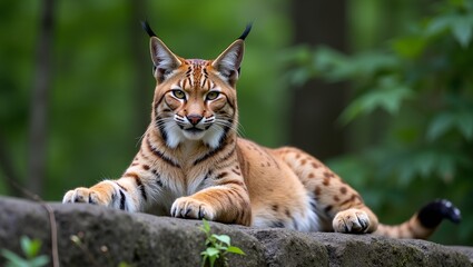 Fototapeta premium Majestic lynx resting on rocky ledge tufted ears raised thick spotted fur lush green forest backdrop