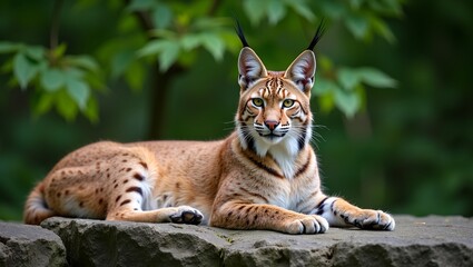 Obraz premium Majestic lynx resting on rocky ledge tufted ears raised thick spotted fur lush green forest backdrop