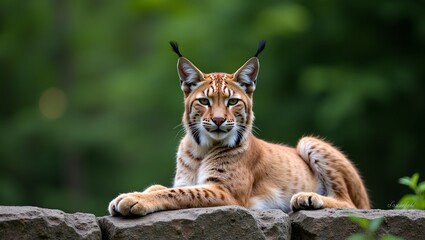 Obraz premium Majestic lynx resting on rocky ledge tufted ears raised thick spotted fur lush green forest backdrop