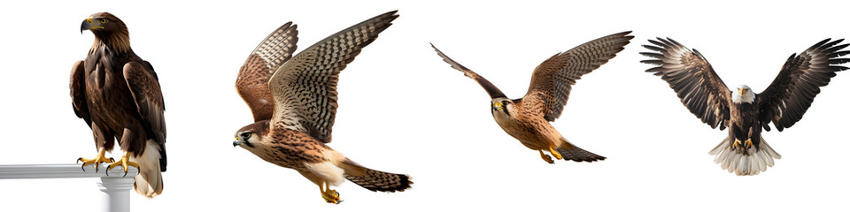 Studio shot of fierce eagle flying on white and transparent background