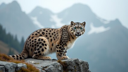 Fototapeta premium Majestic snow leopard on rocky ledge green eyes intense misty mountain backdrop