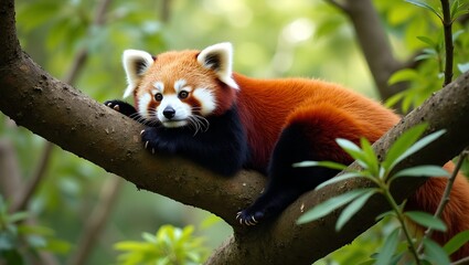 Adorable red panda resting on tree branch in lush green forest under dappled sunlight