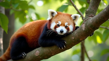 Obraz premium Adorable red panda resting on tree branch in lush green forest under dappled sunlight