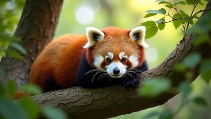 Adorable red panda resting on tree branch in lush green forest under dappled sunlight