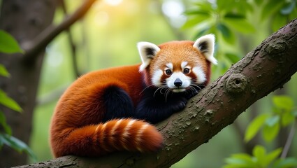 Fototapeta premium Adorable red panda resting on tree branch in lush green forest under dappled sunlight