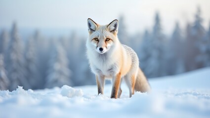 Fototapeta premium Majestic snow fox on snowy hill fur fluffed bright eyes bushy tail snowcovered trees