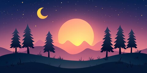 silhouette of a landscape with trees against a dusk sky with the setting sun background