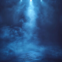 Obraz premium Empty and dark abstract scene, blue abstract stage, neon light, spotlights and studio room with smoke floating in the interior texture for displaying products on the wall background