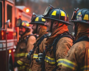 A group of firefighters in full protective gear, smiling and standing next to a fire truck, ready for action, showcasing teamwork and dedication.