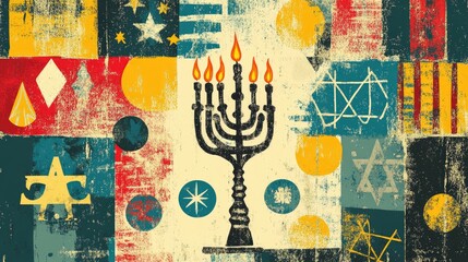Retro illustration featuring a menorah and holiday symbols for a festive celebration