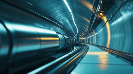 Fototapeta premium A sleek, illuminated underground tunnel featuring advanced machinery and high-tech infrastructure, evoking innovation and modern engineering.