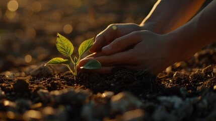 Fototapeta premium Hands gently planting a small green seedling in rich soil. Nature thrives with every new plant. Growth and care create a sustainable future.