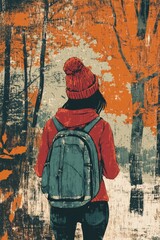 Obraz premium Illustration of a Traveler with Backpack and Knit Hat Hiking in a Colorful Autumn Forest Woman Enjoying Sunrise During a Woodland Adventure Outdoor Activity in the Fall Season