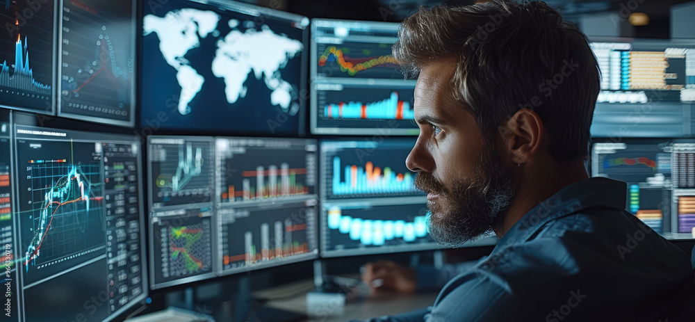 Fototapete a traditional e-commerce product manager analyzing global market trends on multiple screens in a mod
