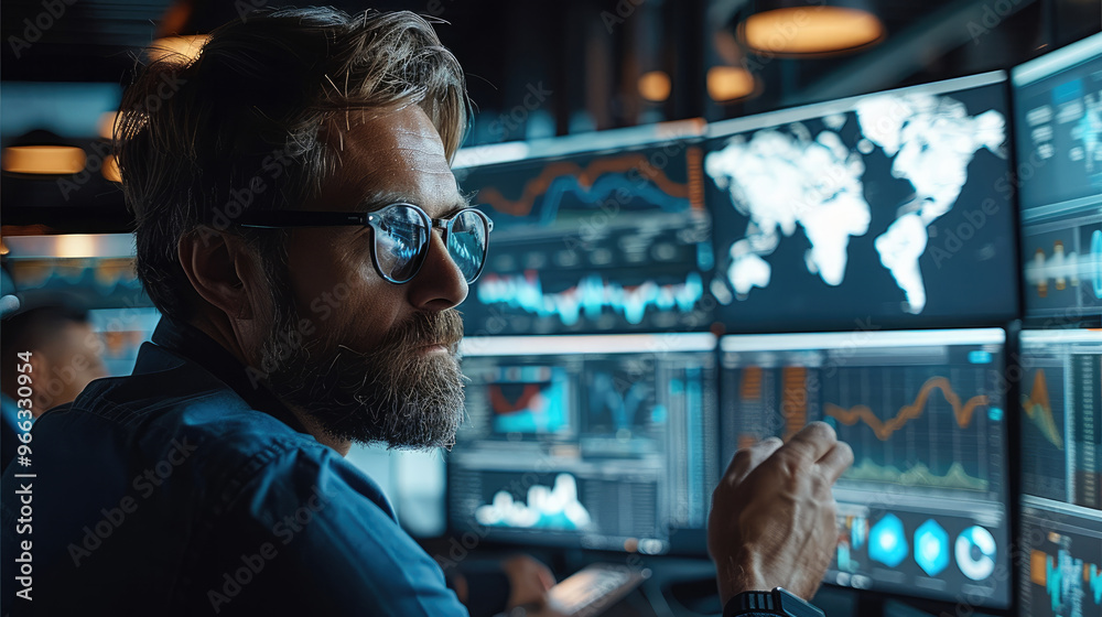 Fototapete a traditional e-commerce product manager analyzing global market trends on multiple screens in a mod
