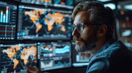 Fototapeta premium A traditional e-commerce product manager analyzing global market trends on multiple screens in a modern office environment. Generative AI.