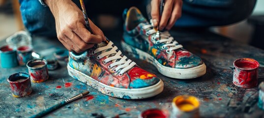 Creative Art of Customizing Sneakers with Unique Designs and Vibrant Colors in Artistic Workshop