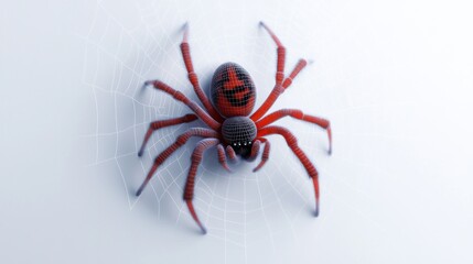 A stylized spider with a web, featuring a distinct red and black color scheme.