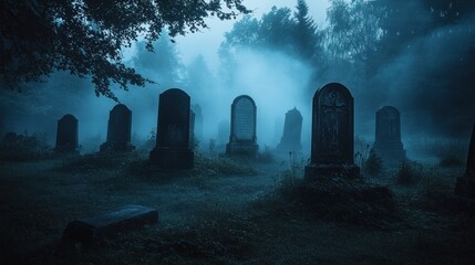 A misty graveyard at dusk, with tombstones shrouded in fog and surrounded by trees.
