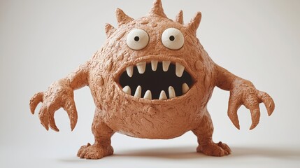 Fototapeta premium A hand sculpted clay monster with textured, high fidelity appearance, featuring large eyes and sharp teeth. This whimsical creature evokes sense of playful curiosity and creativity. 