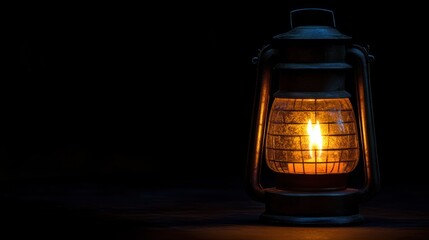 A vintage lantern emits a warm glow in a dark setting, evoking nostalgia and comfort.