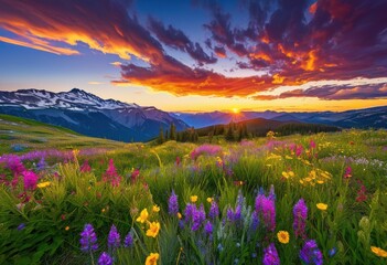Obraz premium stunning mountain vistas surrounded colorful wildflowers under clear blue sky, adventure, alpine, beauty, blossom, clouds, exploration, expanse, flora