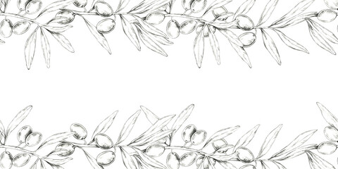 Fototapeta premium Olive branch pencil drawing clipart extending horizontally, with detailed leaves and fruit. Seamless border illustration for use in product labels, website design, or as a decorative border