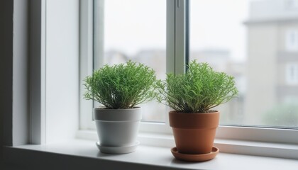 Two potted plants on a white window sill, one in a white pot and one in a terracotta pot