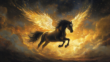 Artistic Style Painting of a Flying Horse with Wings Horse in the Sky Horse in the Clouds with Wings Aspect 16:9