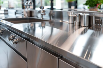 A stainless steel kitchen counter with a sink and a dishwasher, generative ai image