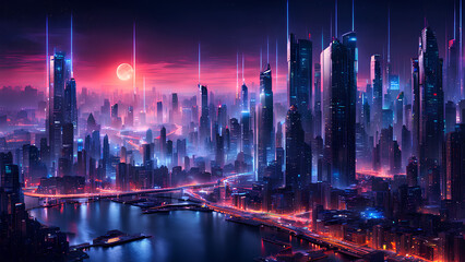 Fototapeta premium Glowing Cyberpunk Nightscape – Perfect for Technology-Themed Projects, Futuristic City Concepts, and Virtual Worlds