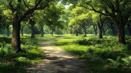   A well-trodden trail winding through lush vegetation, flanked by towering trees on either side