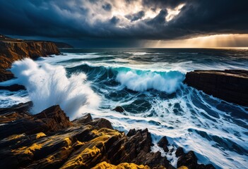 Obraz premium dynamic sea waves colliding rugged coastal cliffs creating dramatic seascapes, ocean, coastline, crashing, rocky, shoreline, water, foam, spray, impact